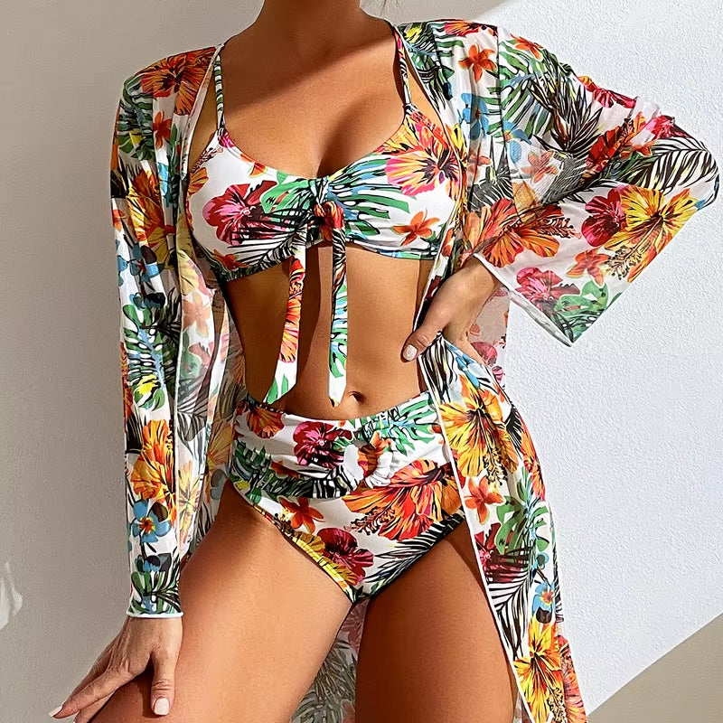 Bohemian Print Sexy Women'S Beach Bikinis Three Pieces Bikini Set Cover up Swimwear High Waisted Bikini Set Women Swimsuit 2025
