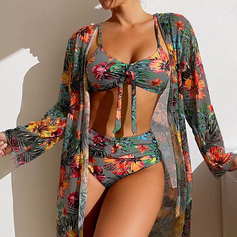 Bohemian Print Sexy Women'S Beach Bikinis Three Pieces Bikini Set Cover up Swimwear High Waisted Bikini Set Women Swimsuit 2025