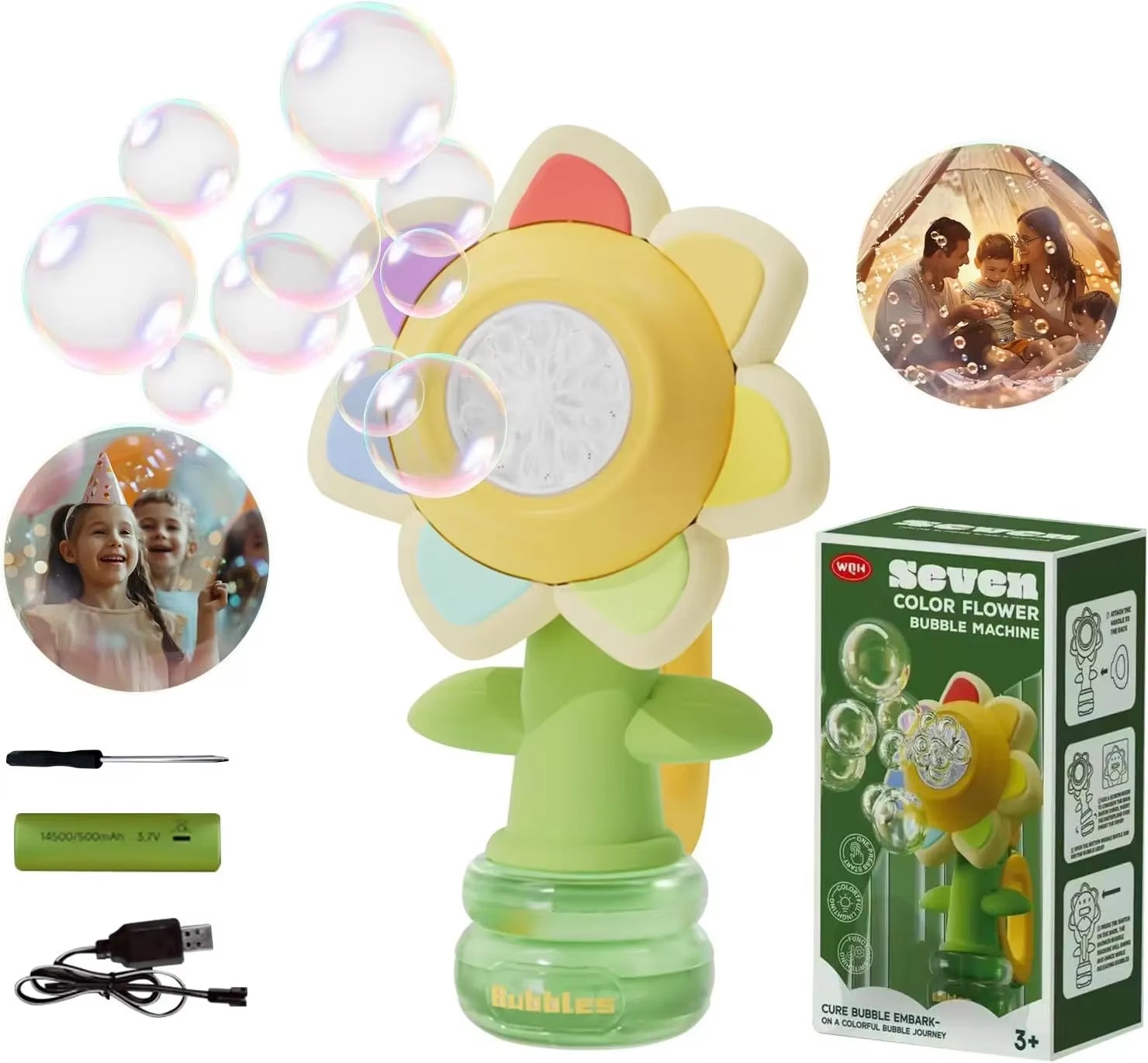3-Speed Adjustment Sunflower Bubble Machine Adjustment Automatic Portable Blowing Bubble Bath Toy Night Light Birthday Party