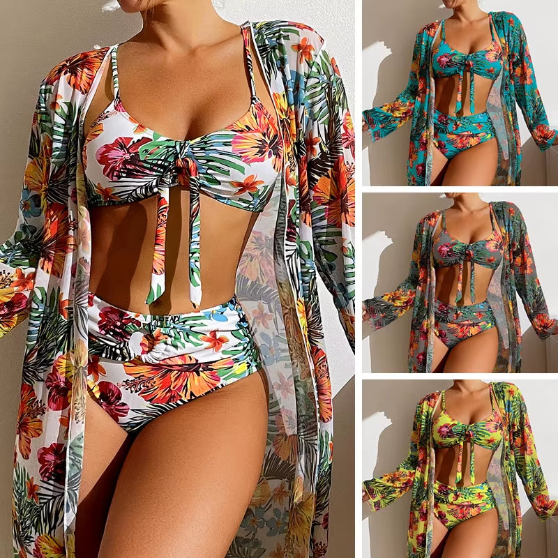 Bohemian Print Sexy Women'S Beach Bikinis Three Pieces Bikini Set Cover up Swimwear High Waisted Bikini Set Women Swimsuit 2025